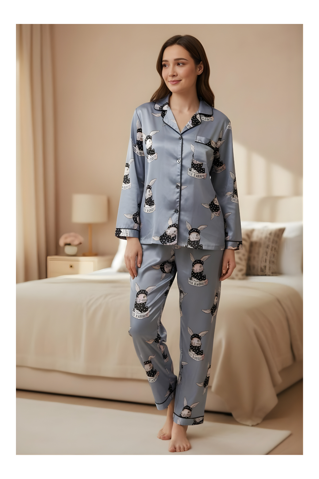 סט פיג׳מה ארנבים סאטן לנשים